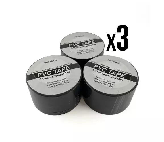 3 x BLACK Extra Wide PVC Electrical Tape 50MMx33m Insulation Flame Retardant