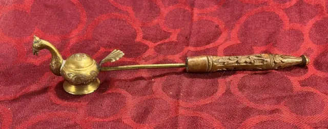 Vintage 11” Solid Etched Old Brass Bird Candle Snuffer Carved Wood Handle - 6777