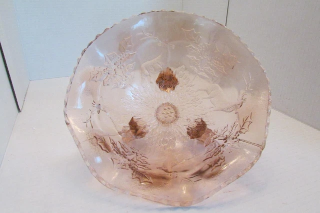 Vintage Fenton Art Glass Pink Bowl-Embossed Deer/Stag- Holly Leaves-Zipper Rim