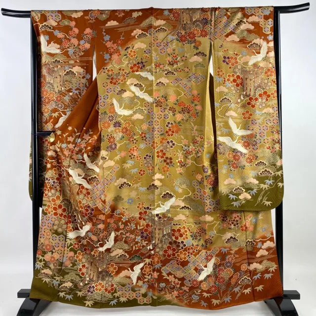 Japan Silk Kimono Vintage Furisode Gold Gorgeous Red Crane Birds Brown 64in