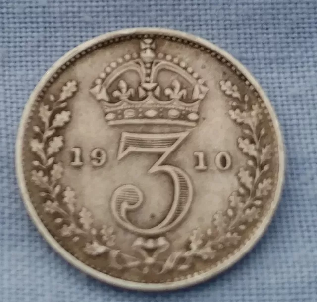 MASSIVSILBER Drei Pence 1910 Münze King Edward VII Antik 3D Britisch London UK 2