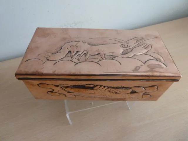 Superb Arts And Crafts Copper Box Decorated Fish Newlyn Interest