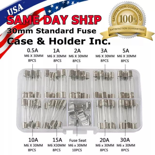 6x30mm 72 Car Boat Quick Blow Glass Tube Fuse Assorted Kit Fast-blow Glass Fuses