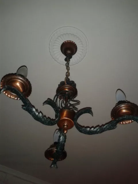 Kronleuchter Kupfer Lampe antik 3 flammig VINTAGE Mittelalter Jagd Schloss Burg