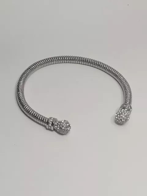 Crystal Tip Bracelet Twisted Metal Cuff Silver CLEAR Pave Stone Chunky Cable