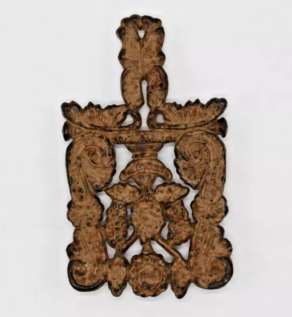 Vintage Cast Iron Metal Handled Footed Trivet Flowers 7.5" Iron Rest Old Paint