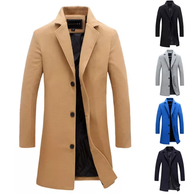 MENS WOOL COAT Winter Trench Coats Long Sleeve Button Up Jacket Outwear ...