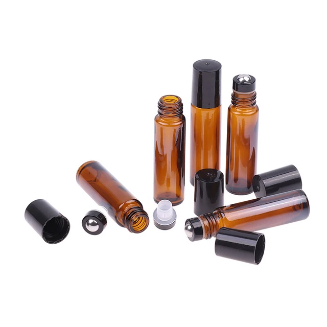 10ml Empty Amber Glass Roll on Bottles Perfume Essential Oils Metal Roller B BII