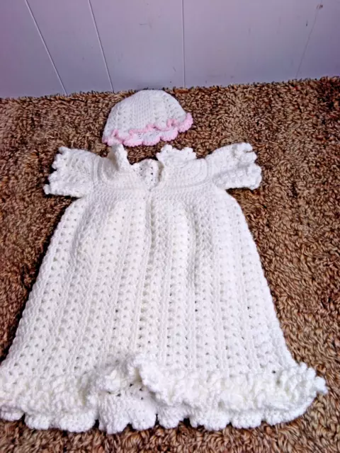 Hand Made Crochet Dress & Hat For Large Baby Doll White/Pink 17"