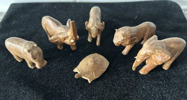 6 Vintage 1940’s Hand Carved Wooden Safari African Animal Figures Elephants Lion