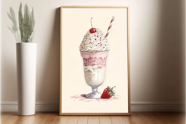 Retro 1950s Strawberry Milkshake Poster Unique Wall Décor Foodie Art For Kitchen