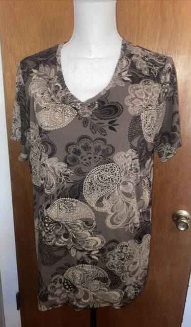 Croft & Barrow SZ 2X Paisley  Short Sleeve Blouse Stretch Brown V neck Workwear