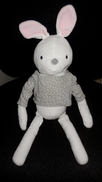 doudou peluche lapin blanc rose pull gris pois blanc OBAIBI 39cm