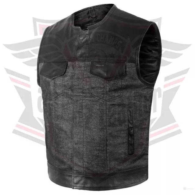 Anaaz Men's Leathers Grey Denim & Leather Motorcycle Vest with inside pockets