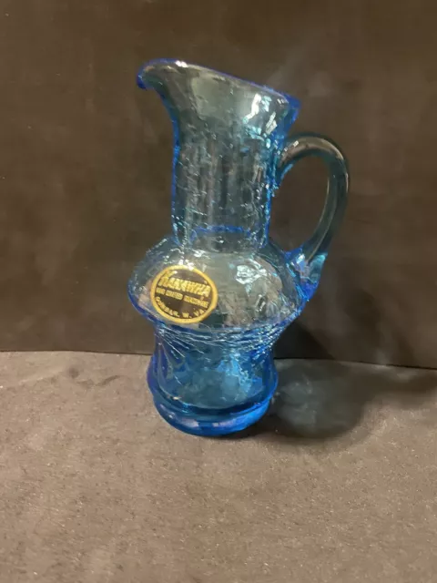VTG Kanauha Hand Blown Blue Cracked Glass Vase/small Pitcher