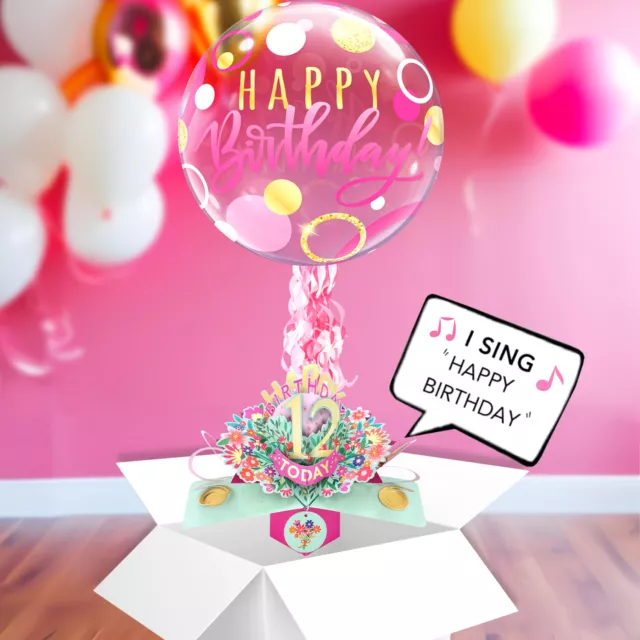 12th Birthday Pop Up Card & Musical Balloon Surprise Delivered In A Box For Her