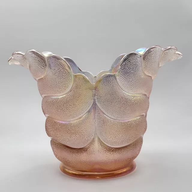 LE Smith Pink Flared Shell Cabbage Leaf Bowl Vase Iridized Carnival Glass