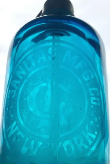 Vintage Clear Blue Seltzer Bottle 2 Etched Lables "Sanitas Mfg. Co. & Excelsior" 2