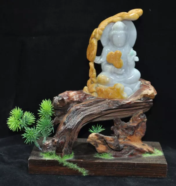 8" China 100% natural Jadeite Emerald Jade Carve Kwan-Yin GuanYin Buddha statue