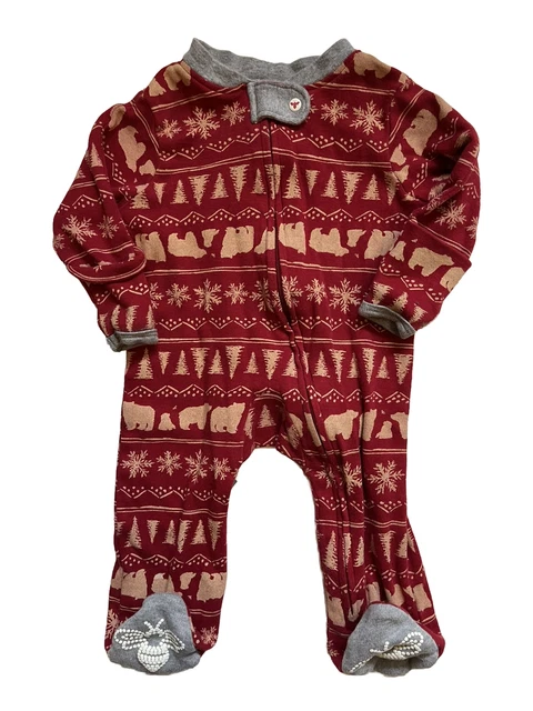 BURTS BEES RED Ivory Holiday Bear Fair Isle Zip Up Feet One Piece