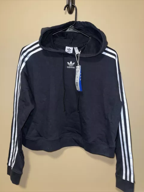 $60 Adidas Women Black Cropped Long-Sleeve Trefoil Logo Hoodie Sweater Size XS