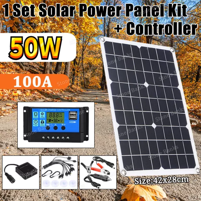 50W Solar Panel Kit 100A Controller Trickle Charger for Camper Boat Home Rooftop