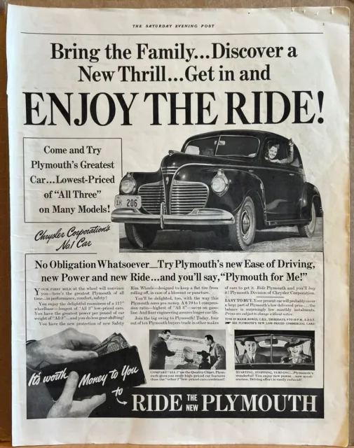 1941 Plymouth Motor Car Print Ad Chrysler Corporation No 1 Car Enjoy the Ride