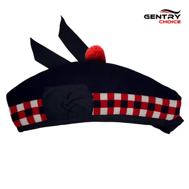 Scottish Glengarry Hat Black & Red Diced Highlander Traditional Hat Scotland Hat
