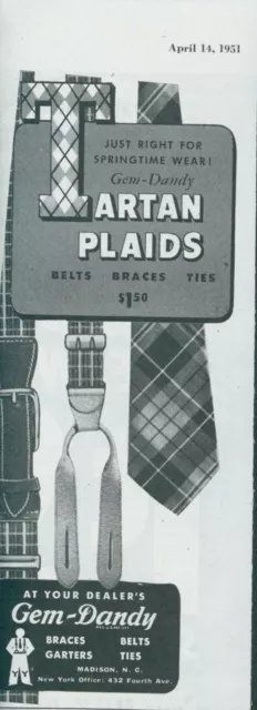 1951 Gem Dandy Tartan Plaids Suspenders Braces Belts Ties Vintage Print Ad SP16