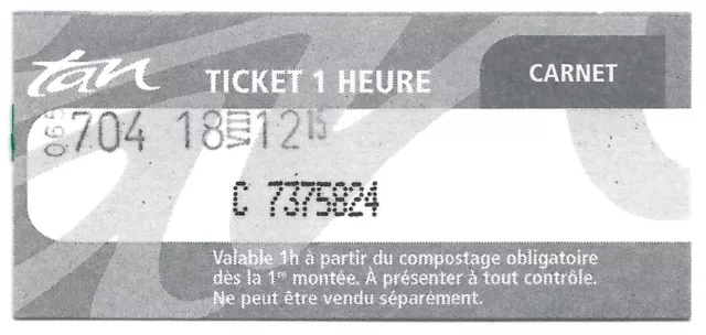 Ticket de bus tramway navibus 1 heure Carnet Tan Nantes 2022