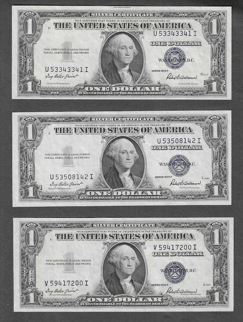 FR. 1615 Unc (3) Notes - One Dollar $1- Series 1935F Silver Certificates