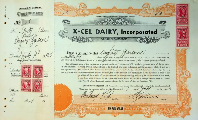 X-Cel Dairy Company Stock Certificate Bond Scripophilly Akron Ohio 1935 No 15 Y