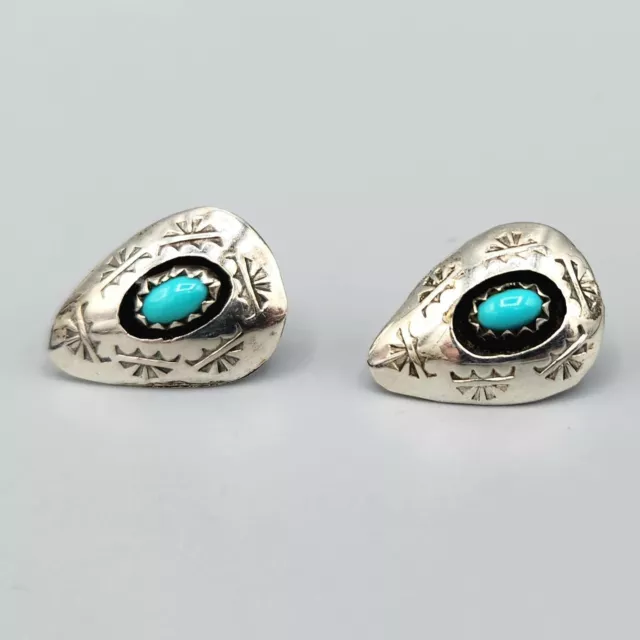 Unsigned Navajo Sterling Silver Turquoise Teardrop Shape Shadowbox Post Earrings