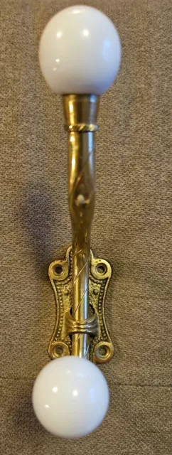Twisted Brass Porcelain Knob Vtg Victorian Taiwan 6” Hat Coat Hook General Store