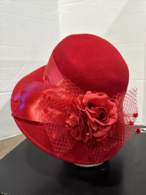 Vintage Betmar New York Womens Red 100% Wool Floral Wide Brim Sun Hat 2