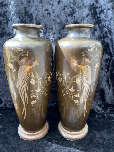 Pair Of Bronze Japanese Meiji Mixed Metal Rooster Cockerel Vases Signed