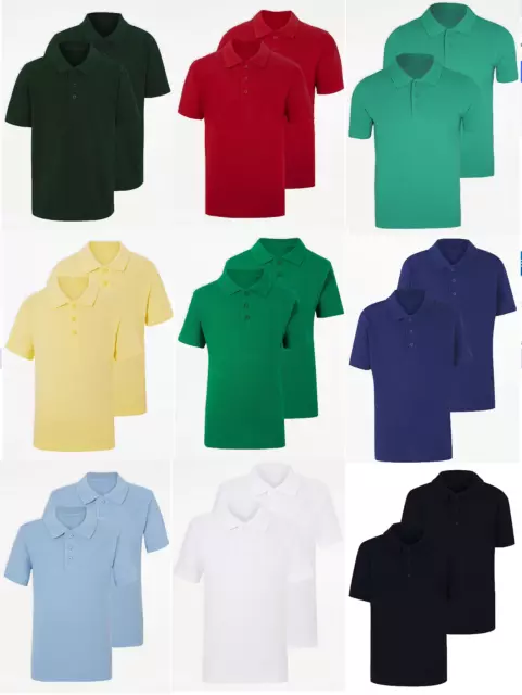 Boys Girls Unisex 2 School Polo Shirt PE Tops White Red Blue Yellow Green Navy