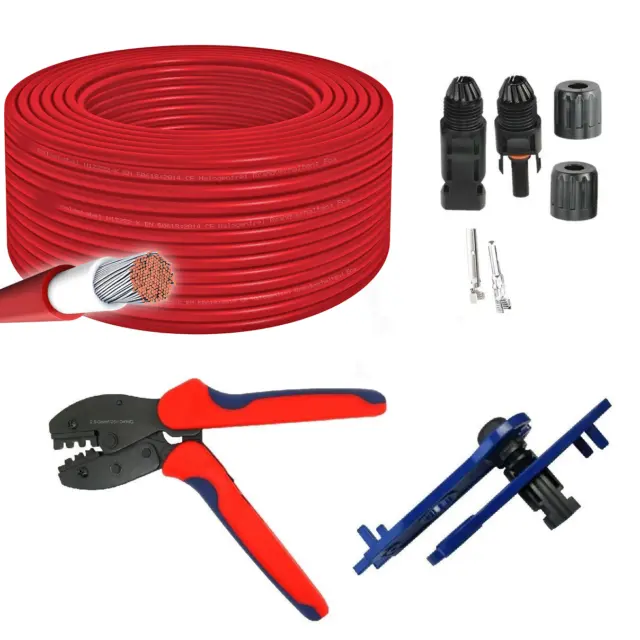 100m Solarkabel 6mm² rot H1Z2Z2-K Solar Kabel Crimpzange 10Paar MC4 Solarstecker