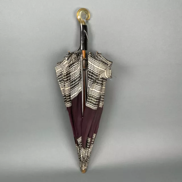 Vintage 40s 50s Curved Lucite Handle Umbrella Parasol Burgundy Plaid Pattern 25"