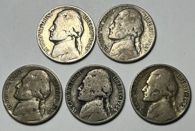 1944 P Jefferson 35% Silver War Nickels (Lot of 5) Free Shipping IGC