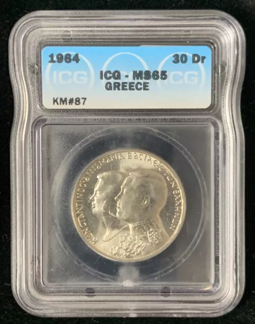 1964 Greece 30 Drachmai  Royal Wedding Silver Coin  ICG-MS65 (18)