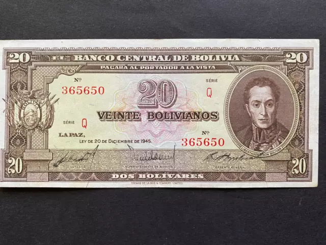 BOLIVIA, 1945, Billete Banco Central de Bolivia, VEINTE BOLIVIANOS, Serie Q, Cir