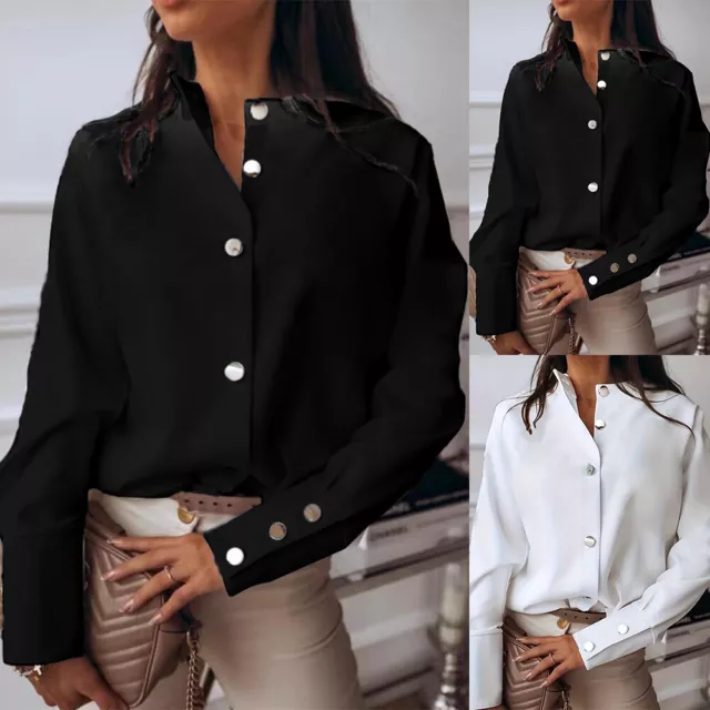 Womens Solid Long Sleeve OL Shirts Ladies Casual Button Down Blouse Tops Shirt