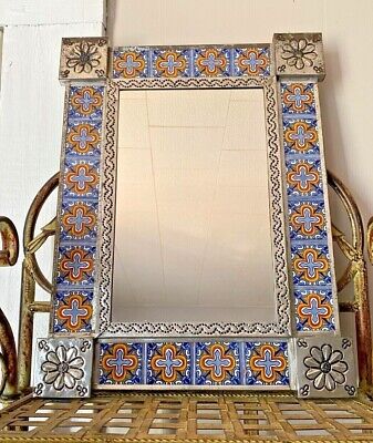 Punched Tin Mirror, Hand Made, Talavera tile, Mexican Folk Art 16.5" X 12.5"