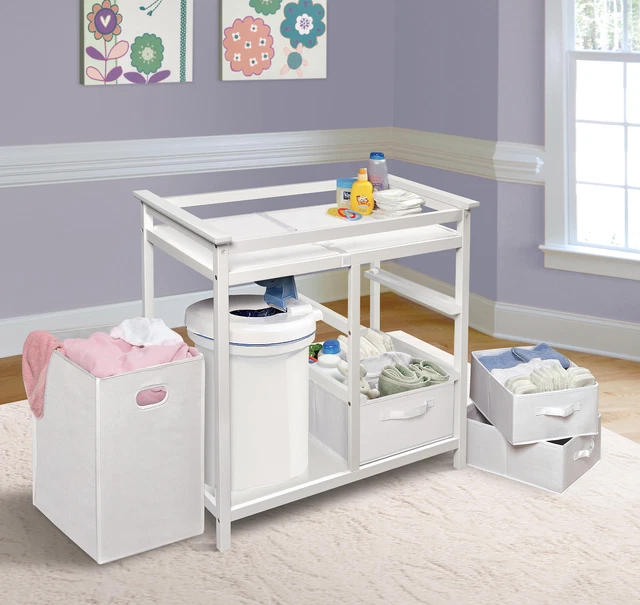 Modern Baby Changing Table Hamper And 3 Baskets White Includes Pad Unisex 32 Lb 3