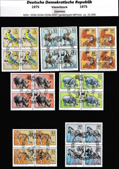 DDR 1975 MiNr.2030-2034+2036-2037 gestempelte Viererblöcke aus Satz Zootiere