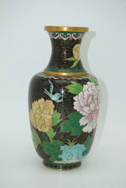 Vintage Chinese Cloisonne Black Floral Bird Gold Vase 8" Tall