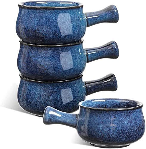 CUENCOS DE SOPA DE CEBOLLA FRANCESA Manijas Resistentes a Chips Azul Estrellado Juego de 4 26 oz VICRAY