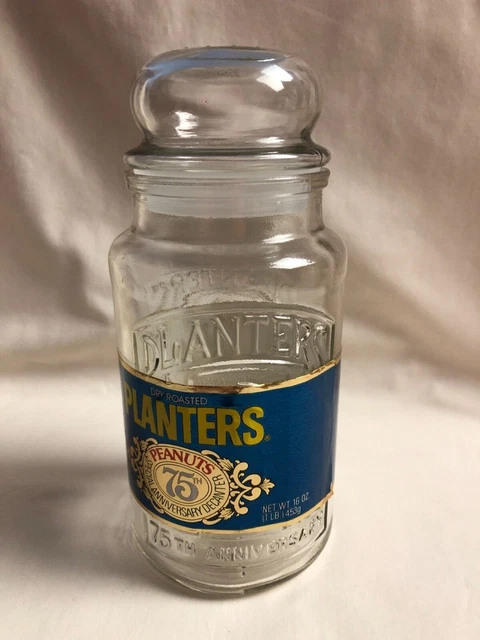 Vintage 1981 75th Anniversary Planters Embossed Mr. Peanut Glass Jar with Label