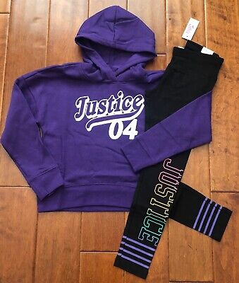 Nwt Justice Girls Outfit~7/8 Purple Glitter Hoodie Sweatshirt & 7 Logo Leggings